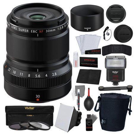 FUJIFILM XF 30mm f/2.8 R LM WR Macro Lens Bundle with 3-Piece HD Filter Set (43mm UV/CPL/ND8) + Photo Starter Kit + Lens Pouch | Medium + Cleaning Cloth + Flash with Bracket + Soft Box Flash Diffuser