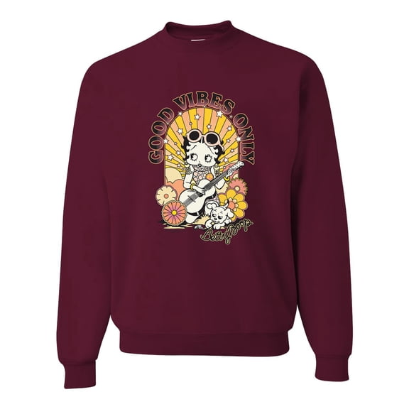 Wild Bobby, Betty Boop Good Vibes Only Betty Boop Unisex Crewneck Sweatshirt, Maroon, 3X-Large