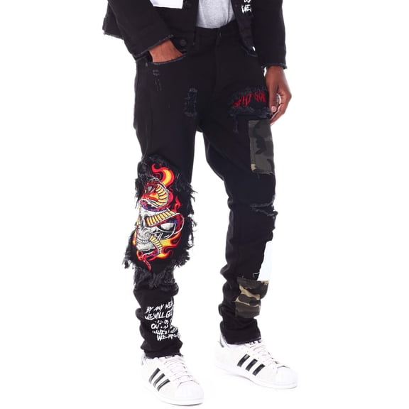 GFTD LA Los Angeles Men's Ezra Skinny Fit Embroidered Skull Distress Rip Jeans (30, Black)