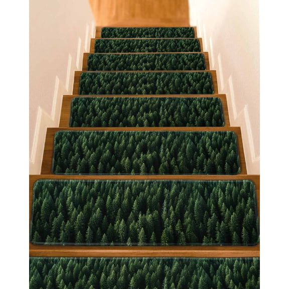 Stair Treads for Wooden Steps, Green Forest Peel and Stick Stair Treads with Reusable Adhesive, Pine Trees Modern Mysterious Art Non Slip Indoor Stairs Runner Rugs Mats for Elders Dogs 8"x30" 10PCS