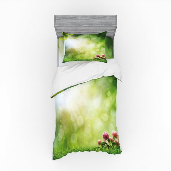 Ambesonne Nature Bedding Set 3 Pcs, Fresh Spring Blossoms, Twin, Green Pale Yellow Pink