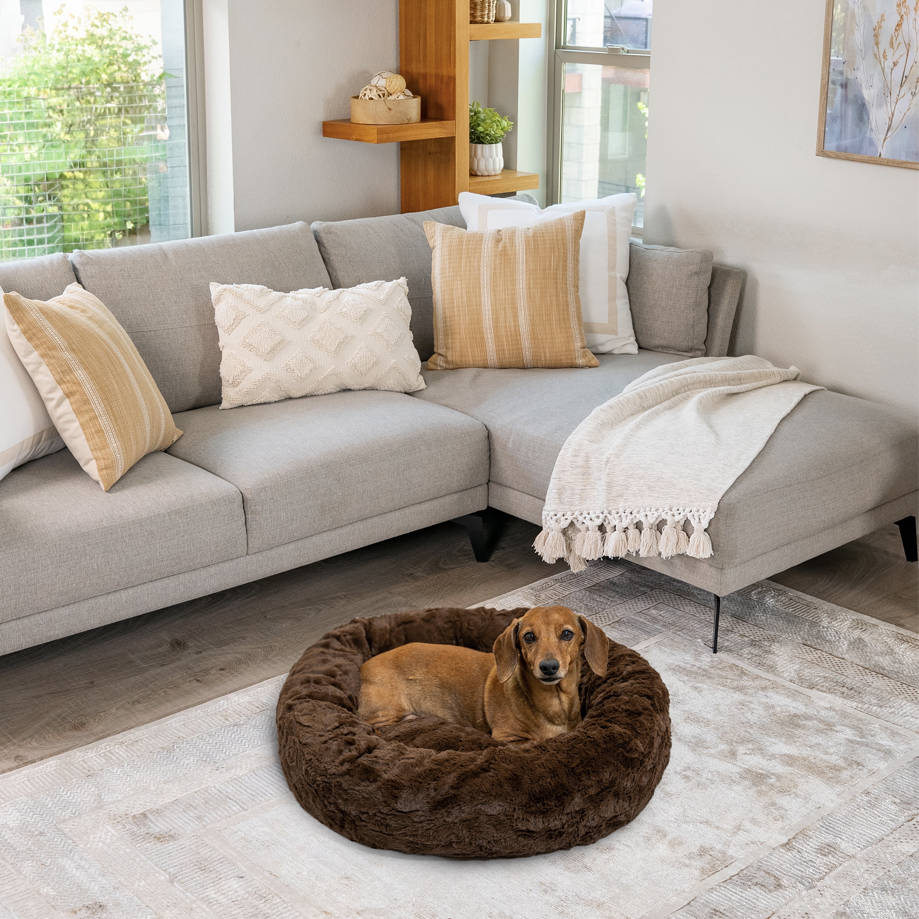 Best Friends by Sheri Original Calming Donut Dog and Cat Bed, Lux Faux Fur, Dark Brown, (23in x 23in) - Anxiety Relief for Pets Up to 25 lbs
