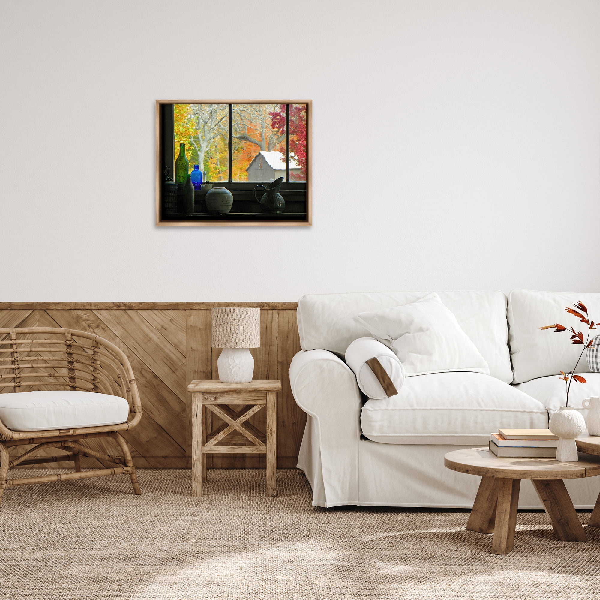 Stupell Industries Fall Foliage in Window Landscape Photography Brown Floater Framed Canvas Art Print Wall Art, 31 x 25