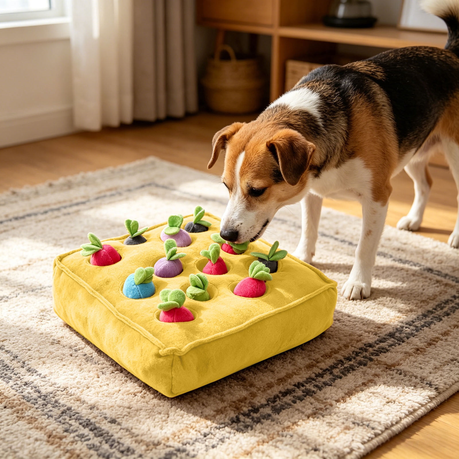 14.57-inch Interactive Hide-and-Seek Carrot Pull Plush Toy for Dogs & Cats, Enrichment Snuffle Mat with Crinkle Vegetables, Mental Stimulation Chew Toy for Indoor Play, Boredom Relief & Pet Bonding