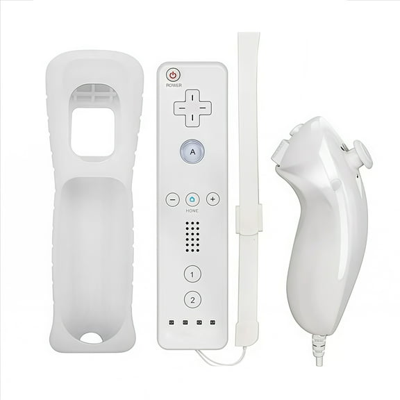 Remote Controller with Built-in Motion Sensor, Compatible with Nintendo Wii, Nunchuck Set, Wireless Gamepad with Silicone Case-White
