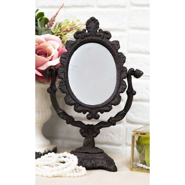 Cast Iron Rustic Vintage Heirloom Style Small Tabletop Oval Vanity Mirror Decor