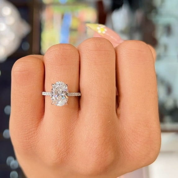 Solitaire Brilliance 3.5TCW Oval Moissanite Hidden Halo Engagement Ring For Women 10k White Gold Ring Size 4