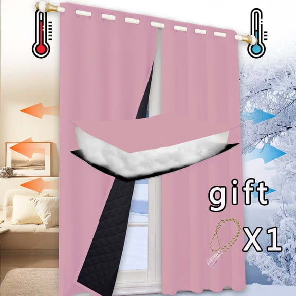 Winter Thermal Curtains Pink - 52x63 Inch Quilted Blackout Curtains for Cold, Thick Insulated Noise Reducing Window Drapes, 1 Panel