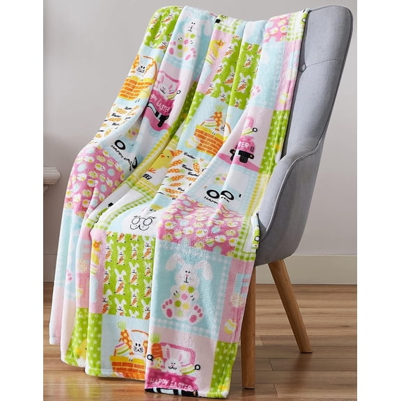 Serafina Home Spring Easter Throw Blanket: Playful Patchwork of Spring Bunny Characters, Soft Cozy Velvet Fleece, Pink Blue White, 50" x 60" Inch for Girls Boys (Easter Patch)