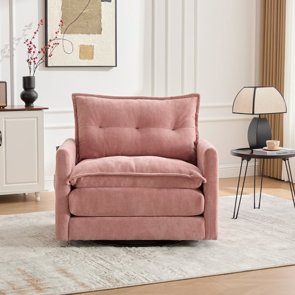 Knubmt Swivel Upholstered Club Chair Armchair with Metal Base, Modern Chenille Accent Chair for Living Room, Office, Bedroom, Pink