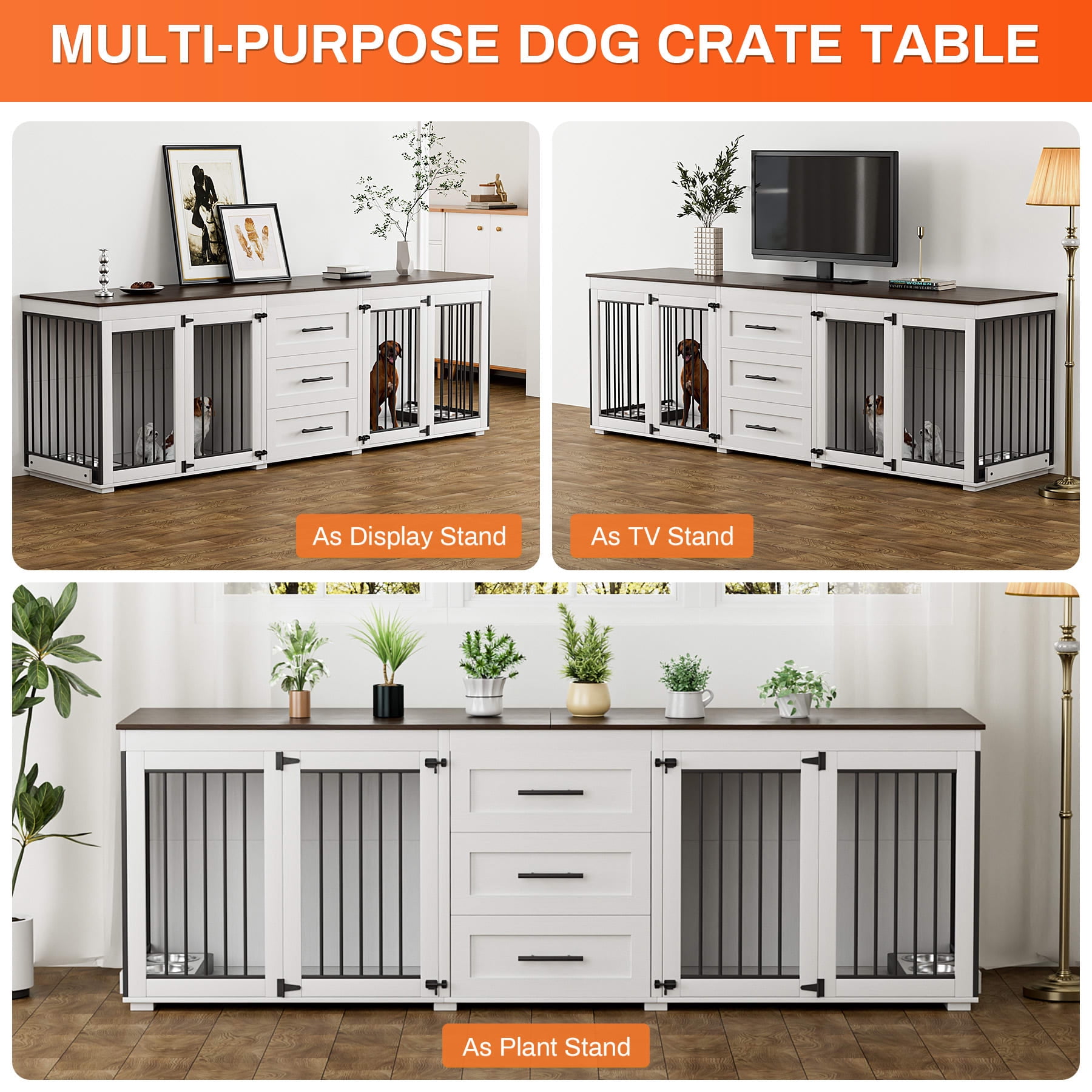 Wiilayok 94.5" Dog Crate Furniture for 2 Large Medium Dogs, Wooden Dog Kennel TV Stand with 3 Storage Drawers, 4 Bowls & Locks, White Indoor Dog House