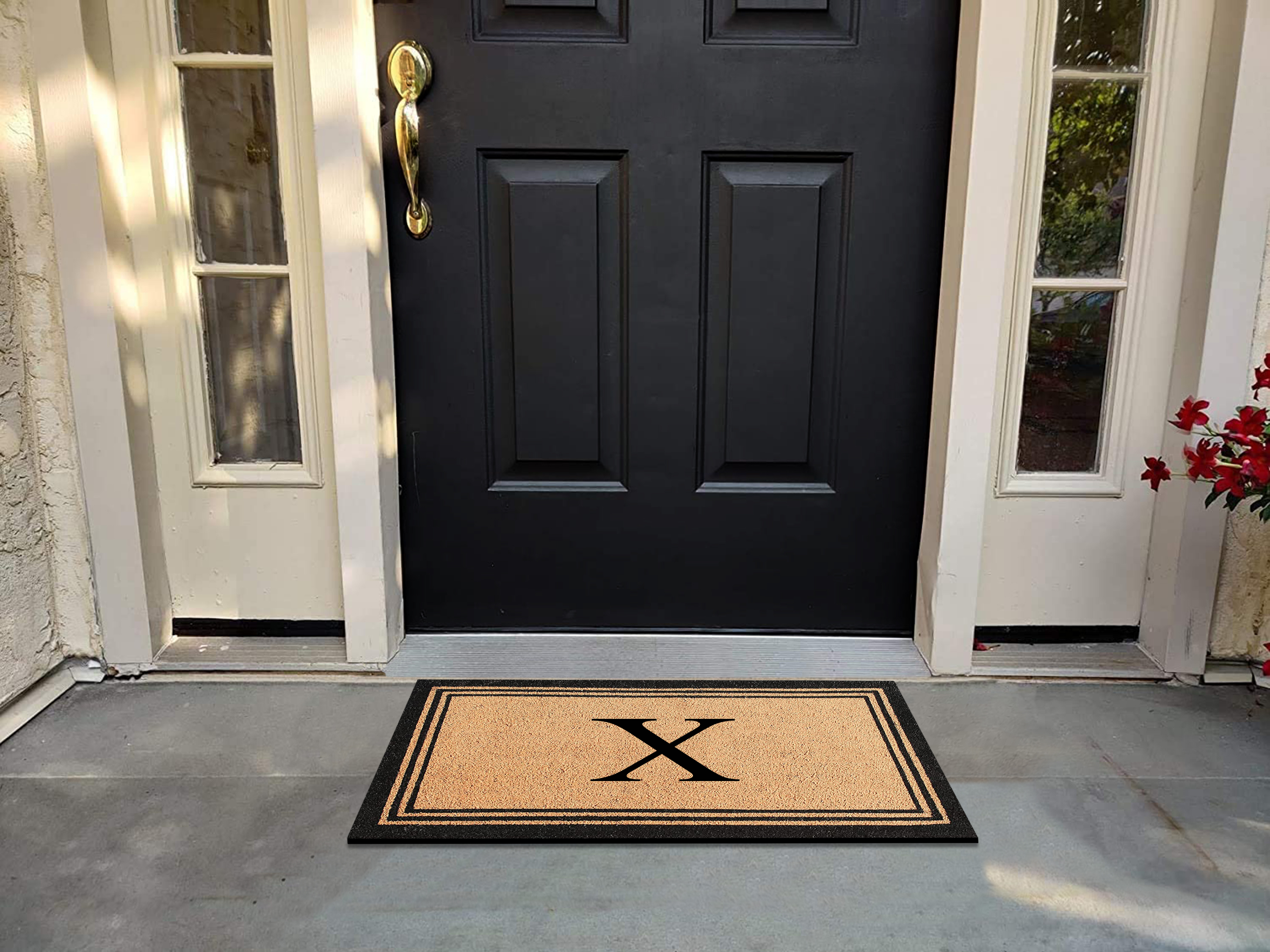 A1HC Black/Beige 18 in x 30 in Front Door Mat Coir PVC Classic Border Entryway Mat Heavy Duty Boot Scrapper Monogrammed Doormat