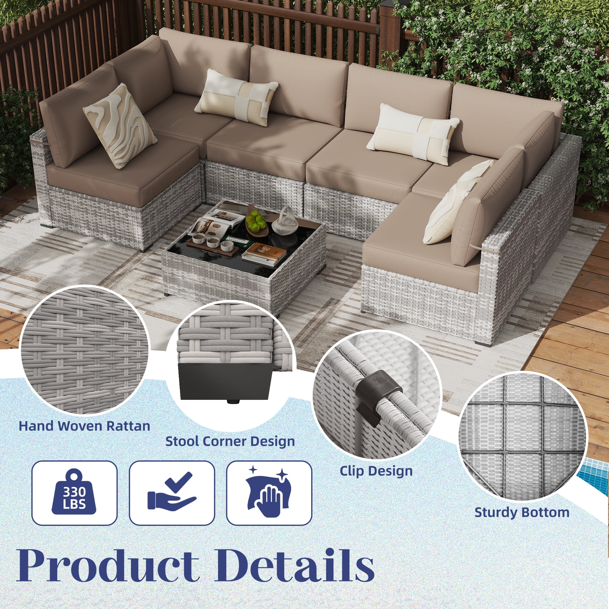KIGOTY 7 Piece Outdoor Patio Furniture, Wicker Rattan Outdoor Conversation Set Sectional Sofas for Backyard, Garden, Grayish-white Camel