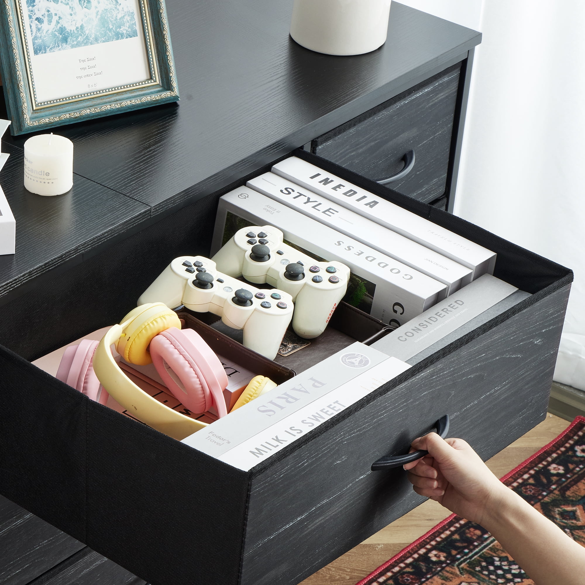 EnHomee Multifuncional Televisor Soporte con Almacenamiento de 9 Cajones para Dormitorio y Sala de Estar, Negro  (图4)