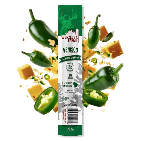 Wenzel’s Farm Jalapeno Cheddar Venison Snack Sticks 8 Pack, Naturally Hickory Smoked, Gluten Free, No MSG, High Protein Low Carb