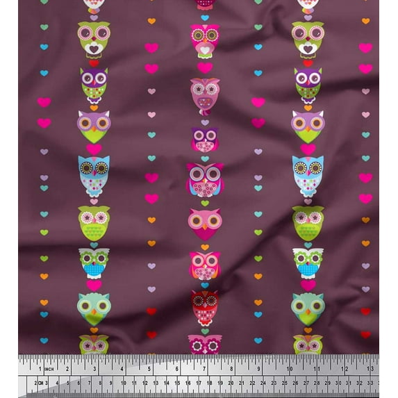 Soimoi Poly Georgette Fabric Heart & Owl Kids Print Fabric by The Yard 52 Inch Wide