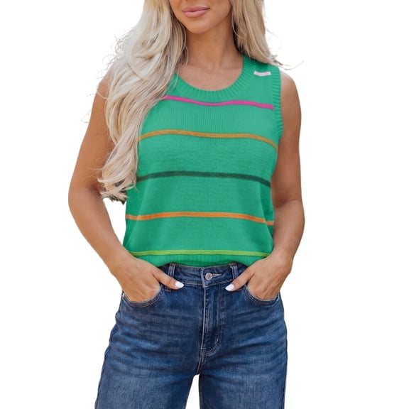 Women's Striped Knit Sweater Tank – Sleeveless Round Neck Top, Casual Summer Fashion, XL