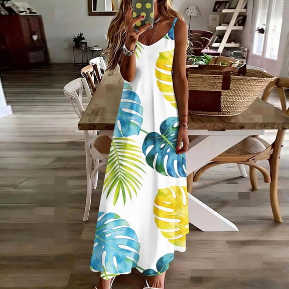 Uootdi Womens Long Dresses Gradient Tie Dye Floral Print Thin Strap V Neck Relaxed Fit Lightweight Maxi Dresses Casual Dresses Summer Beach Wear Gift