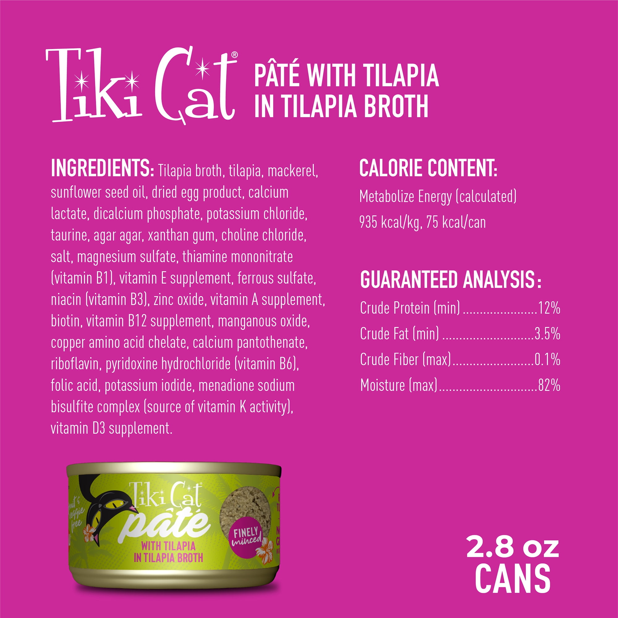 Tiki Cat Luau Pate Wet Cat Food, Tilapia, 2.8 oz. Can