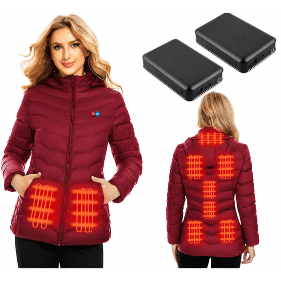 Heated Jacket for women with 2PCS 10000mAh Power Bank, 9 Heating Areas Winter Slim Fit Jackets and Detachable Hood(S)