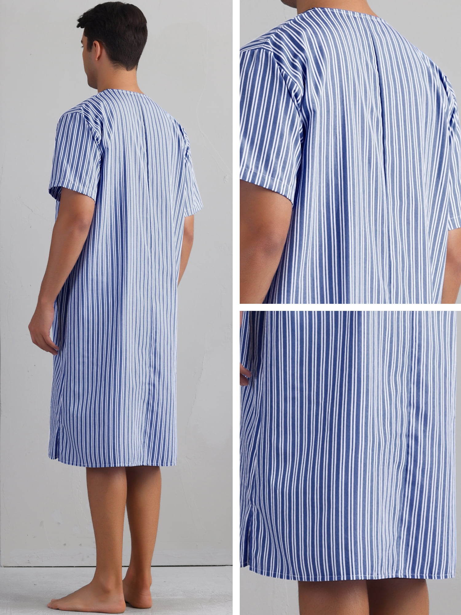 DARING DIVA Men's Short Sleeve Striped V-Neck Button Down Sleep Gown M Dark Blue