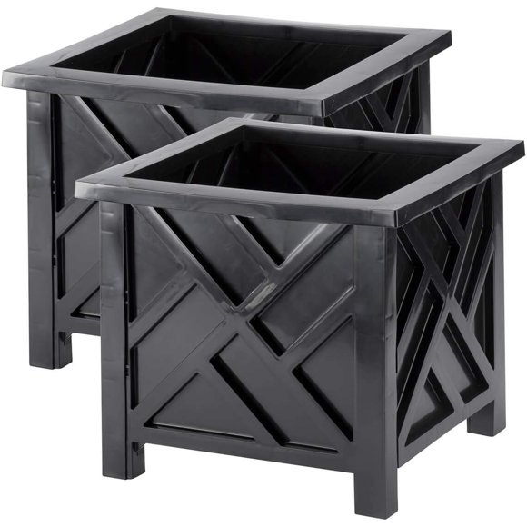 ZYPPP Set of 2 Chippendale Planter Boxes, Black, Outdoor Décor – Plant Holder for Garden, Patio and Lawn, Weather-Resistant Polypropylene – 14 ¾” sq. x 13 ¼ H Overall