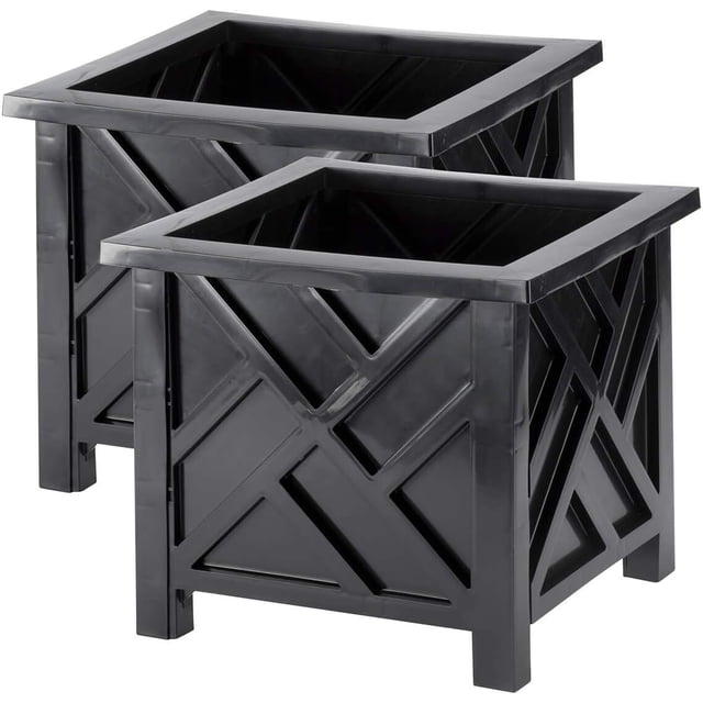 ZYPPP Set of 2 Chippendale Planter Boxes, Black, Outdoor Décor – Plant Holder for Garden, Patio and Lawn, Weather-Resistant Polypropylene – 14 ¾” sq. x 13 ¼ H Overall