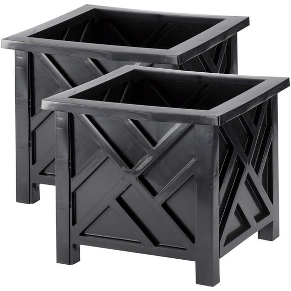 ZOPan Set of 2 Chippendale Planter Boxes, Black, Outdoor Décor – Plant Holder for Garden, Patio and Lawn, Weather-Resistant Polypropylene – 14 ¾” sq. x 13 ¼ H Overall