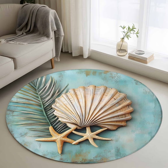 Round Rugs 4Ft, Coastal Shell Round Area Rug Washable Indoor Throw Carpet, Vintage Botanical Beach Nautical Soft Non Slip Circle Rug for Kitchen Nursery Room Home Decor Aesthetic