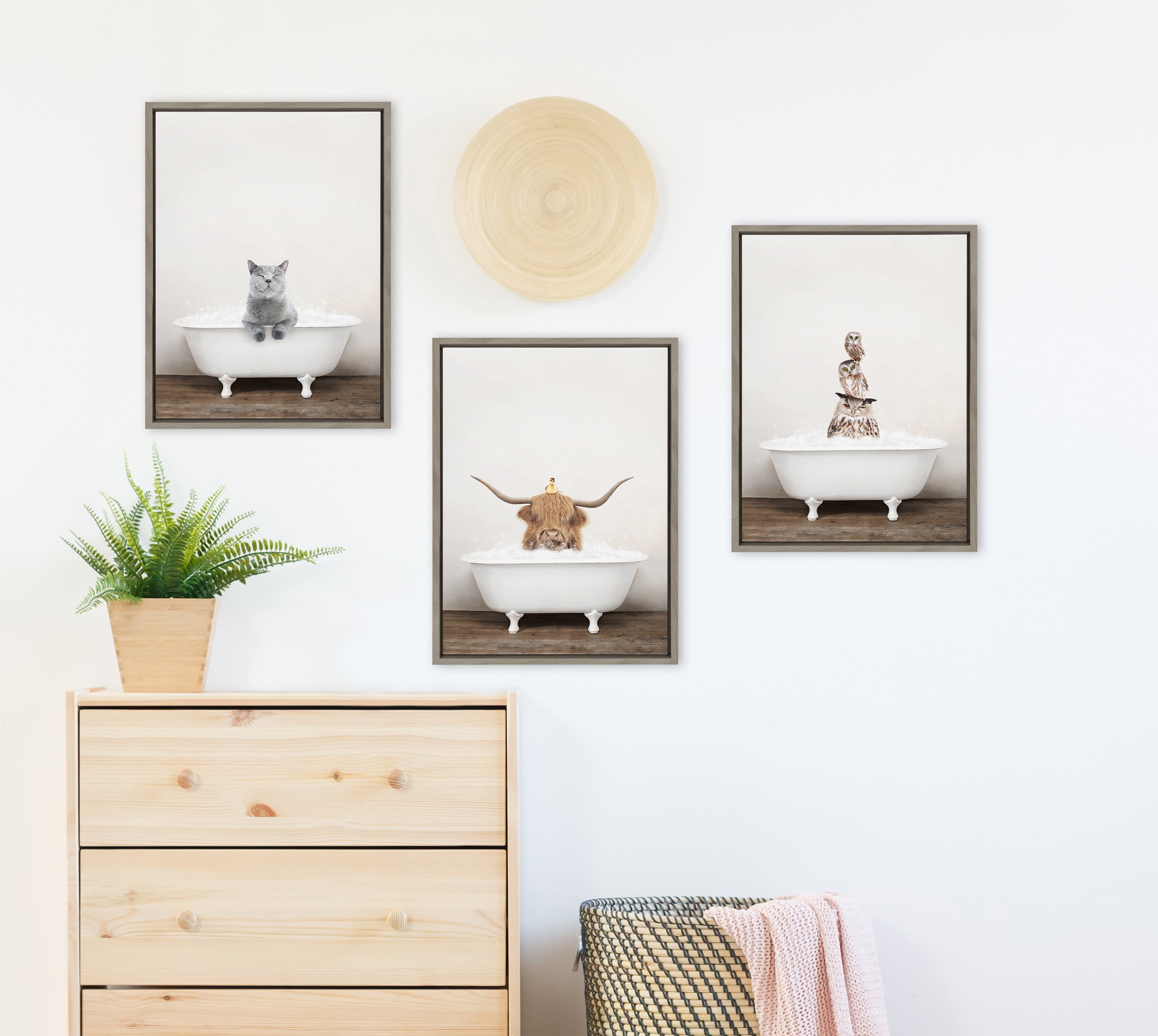 Kate and Laurel Sylvie Highland Cow and Duckling in Rustic Bath Framed Canvas Wall Art by Amy Peterson Art Studio, 18x24 Gray, Modern Fun Decorative Bathtub Wall Art for Home Décor