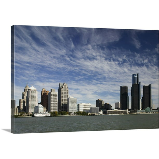 Great Big Canvas Michigan Detroit City Skyline Along River From Windsor Ontario Canada Wall Art 48x32 Com - Detroit Skyline Wall Art