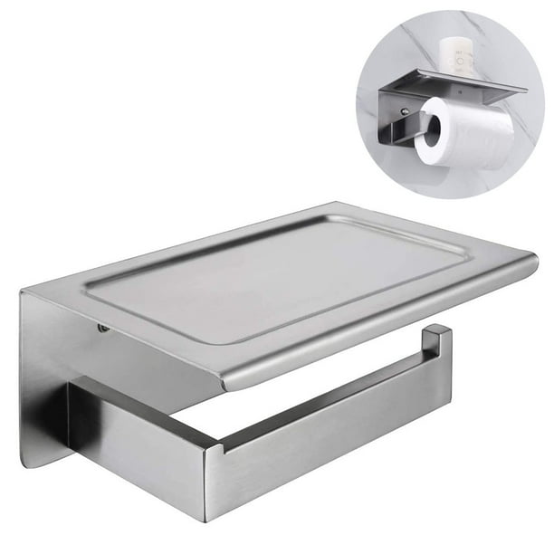 Modern Brushed Nickel Toilet Paper Holder with Shelf, WallMounted Tissue Roll Dispenser and