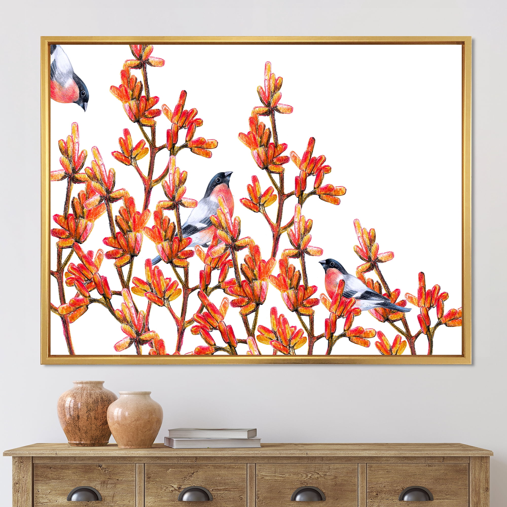 Designart 'Flock of Bullfinches Birds Sitting on Orange Branches' Traditional Framed Canvas Wall Art Print