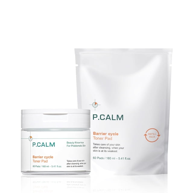 Almohadilla de tóner P.CALM Barrier Cycle con paquete de recarga 60 + 60 almohadillas | Almohadilla tónica diaria para el cuidado de la piel coreana para calmar el cuidado del sebo calmante e hidratan