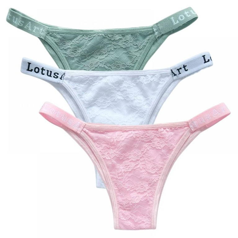 Popvcly 3 Pack Women Floral Lace Thong Seamless T-back Thongs Waistband  Logo Printed Underpants Low-Rise Soft Stretch Panties 