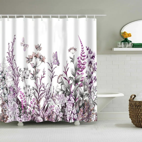Purple lavender Shower Curtain 72 x 72 Inch, Floral Botanical Shower Curtain for Bathroom Decor, Wildflower Herb Shower Curtain with 12 Hooks