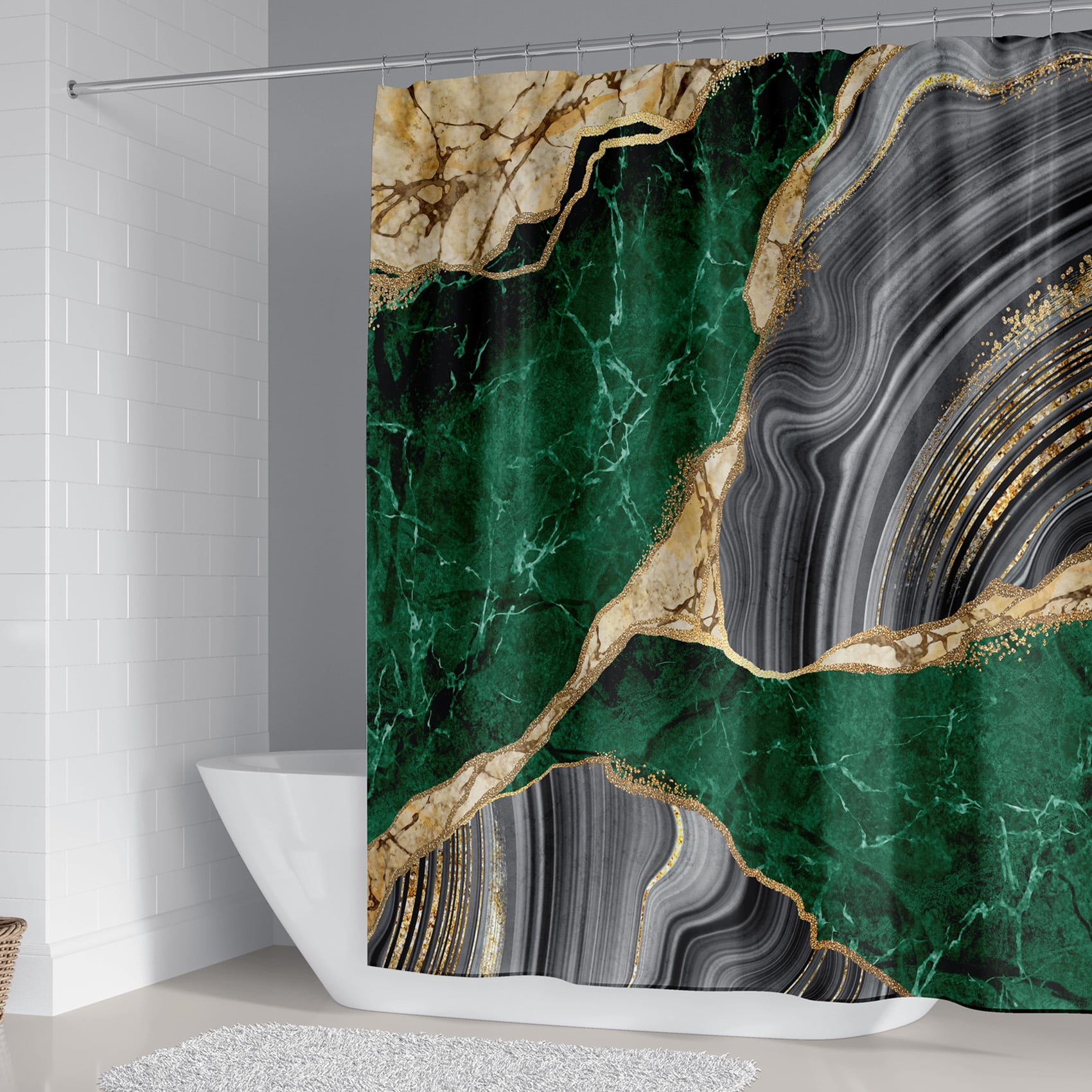 4Pcs Marble Shower Curtain Sets, Bathroom Decor Sets, Luxury Shower Curtain with 12 Hooks, Bath Mat, Toilet Lid Rug and Non-Slip U Shape Mat Accessories Marble Print, 72 x 72 Inch, Green