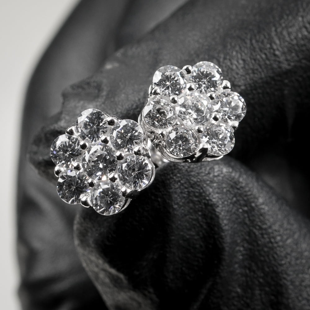 Flower Cluster Brilliant White Gold Plated 925 Sterling Silver Screw Back Post Iced Cz Circle Stud Round Hip Hop Earrings