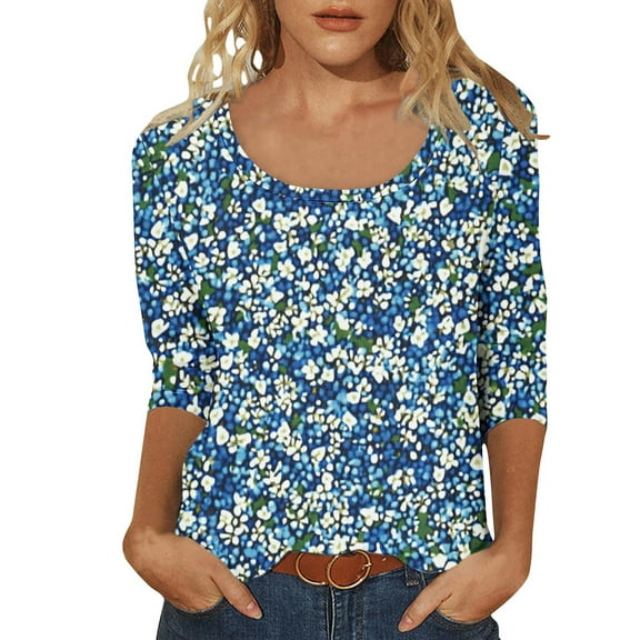 Womens Floral Print Tunics Blouses 2025 Summer Cherry Blossom Tees Shirts Round Neck T-Shirts 3/4 Length Sleeve Tops Relaxed Fit Tunic Blouses