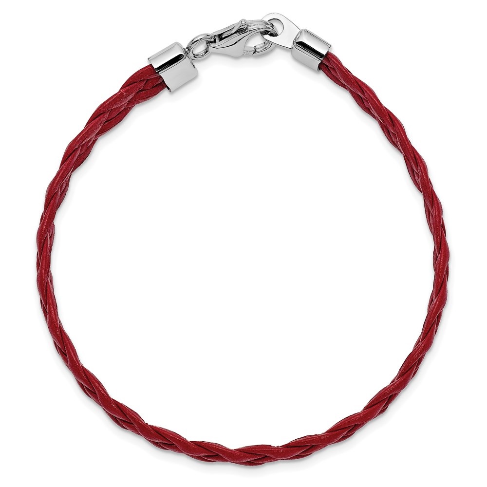 Diamond2Deal 925 Sterling Silver Rhodium Plated Red Braided Leather Bracelet for Men 7"