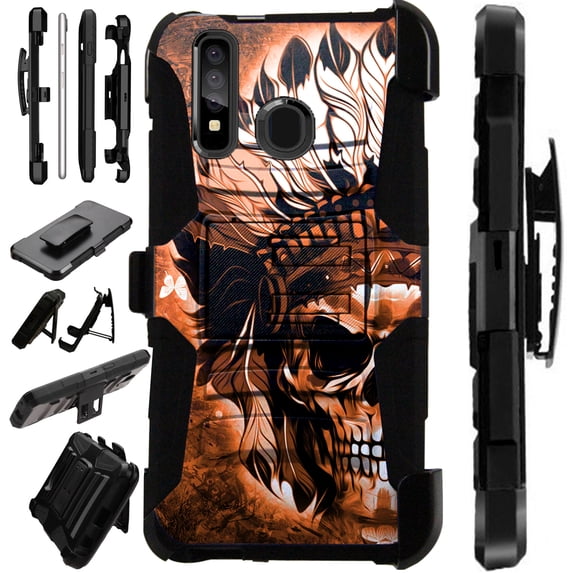 WORLD ACC LuxGuard Holster Case Compatible with Samsung Galaxy A21 Hybrid Phone Cover (Orange Skull Chief)