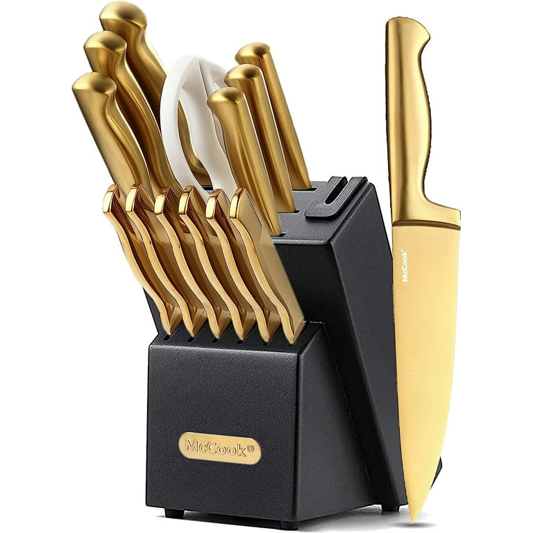 McCook MC21G Knife Sets,15 Pieces Golden Titanium Kitchen Knife Block Sets  with Built-in Sharpener 