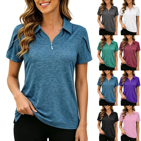 BXJX Womens Cotton Polo Shirts, V Neck Short Sleeve Summer Collared Golf Tops Blue Size S-2XL