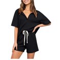 thumbnail image 1 of Womens Summer Trendy 2 Piece Outfits Short Sleeve V Neck T Shirts Drawstring Shorts Knit Ribbed Lounge Pajamas Sets, 1 of 5