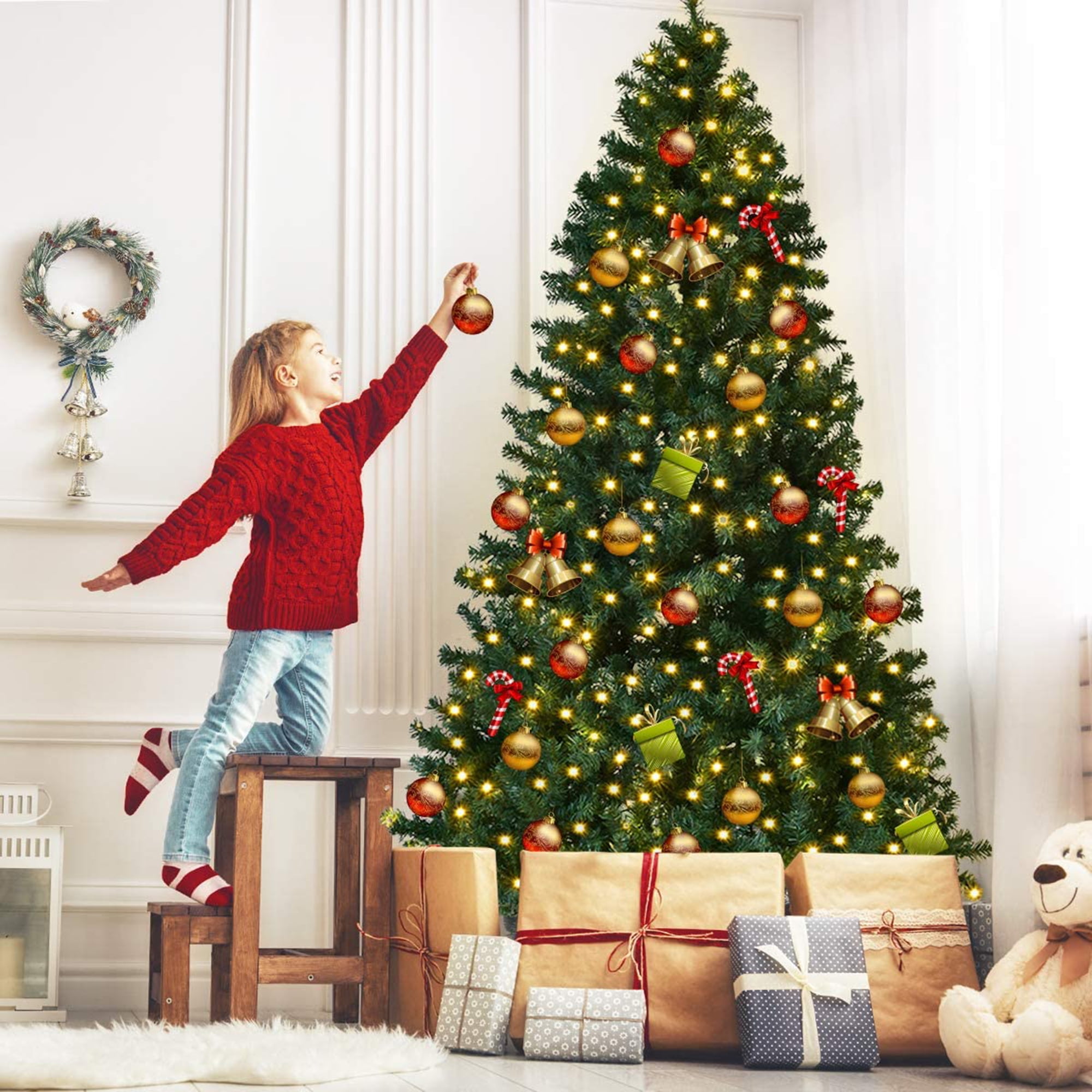 Gymax 7.5FT Pre-Lit Christmas Tree Hinged Artificial Tree w/ Metal Stand LED Lights