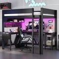 thumbnail image 3 of Full Size Loft Bed with Desk, Gaming Bed Frame with LED Lights and Charging Station, Storage Shelves for Bedroom, Black, 3 of 8