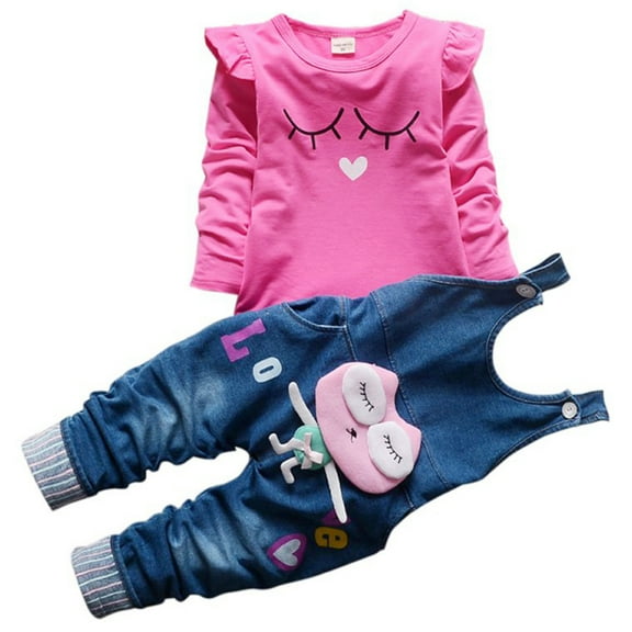 Spring Baby Girl Kid Cartoon Long Sleeve T-shirt Overall Jean Outfit Set