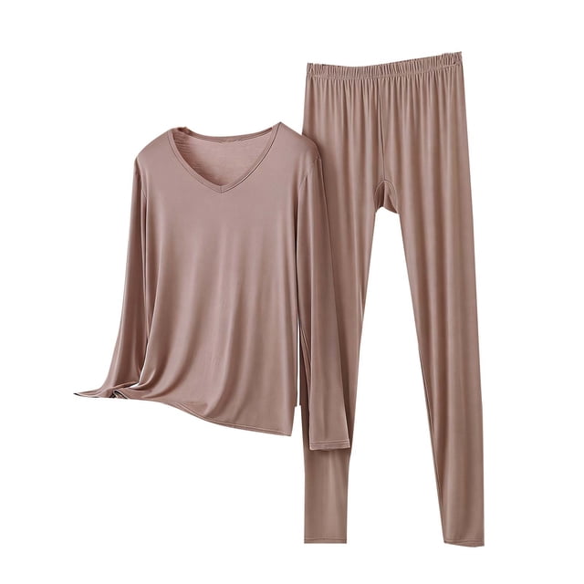 Conjunto de Ropa Interior Larga de Mujer Cuello en V Manga Larga Lencería Casual Ropa de Dormir Pajama Set Confort Suave, Lencería de Manga Larga para Mujeres