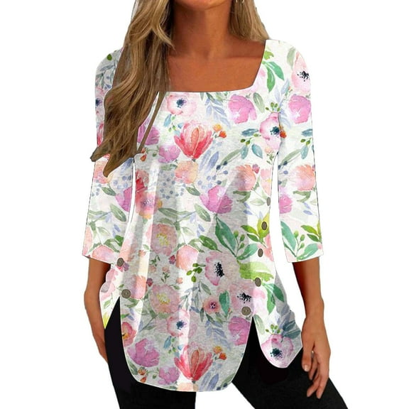 Dyegold Fall Shirts For Women 2023 Side Slit Square Neck Long Sleeve Tops Dressy Casual Floral Print Blouses Loose Tunic Top