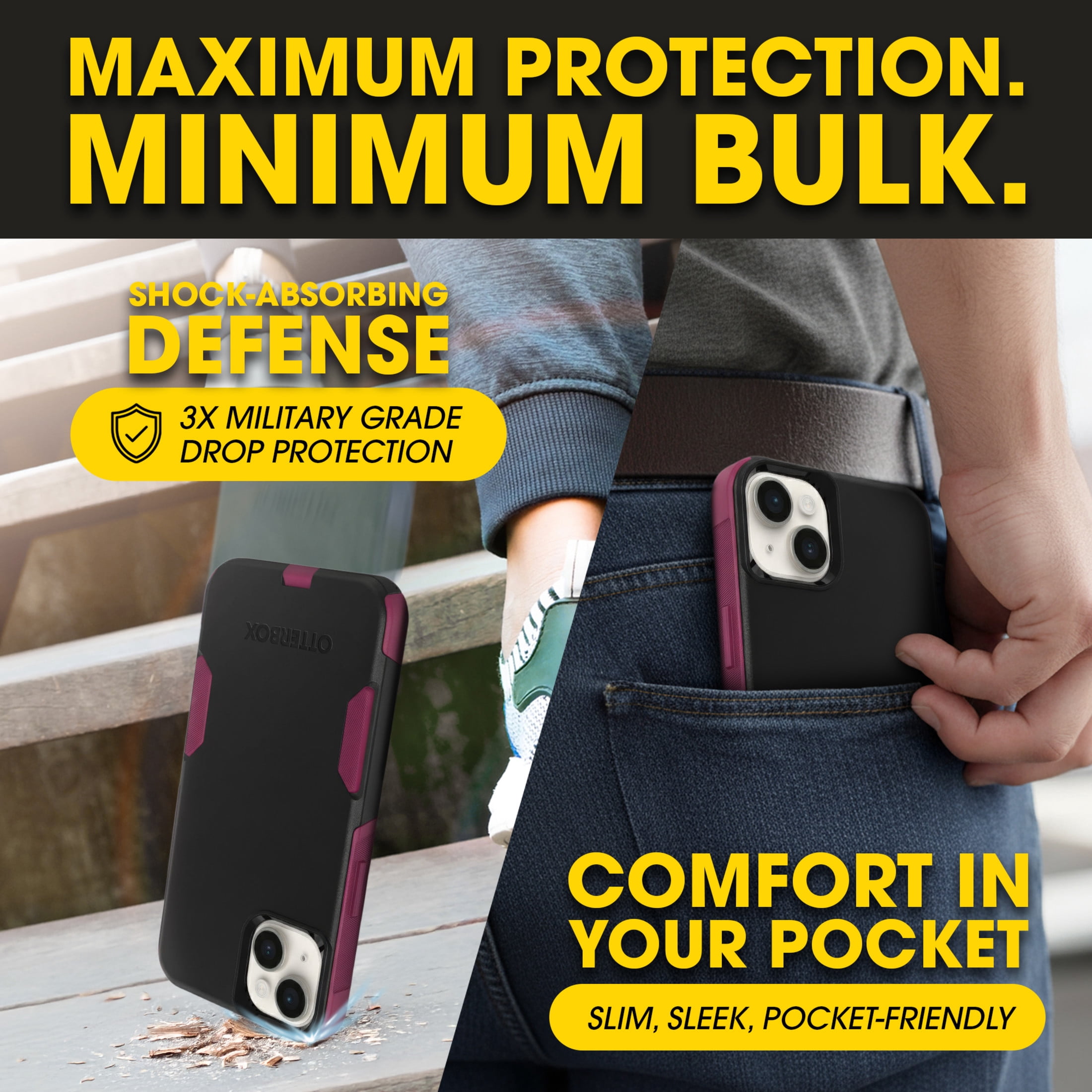 OtterBox Commuter MagSafe Case for iPhone 17e/16e/15/14/13 – Black/Pink – Slim, Shockproof, Dual Layer Drop Protection